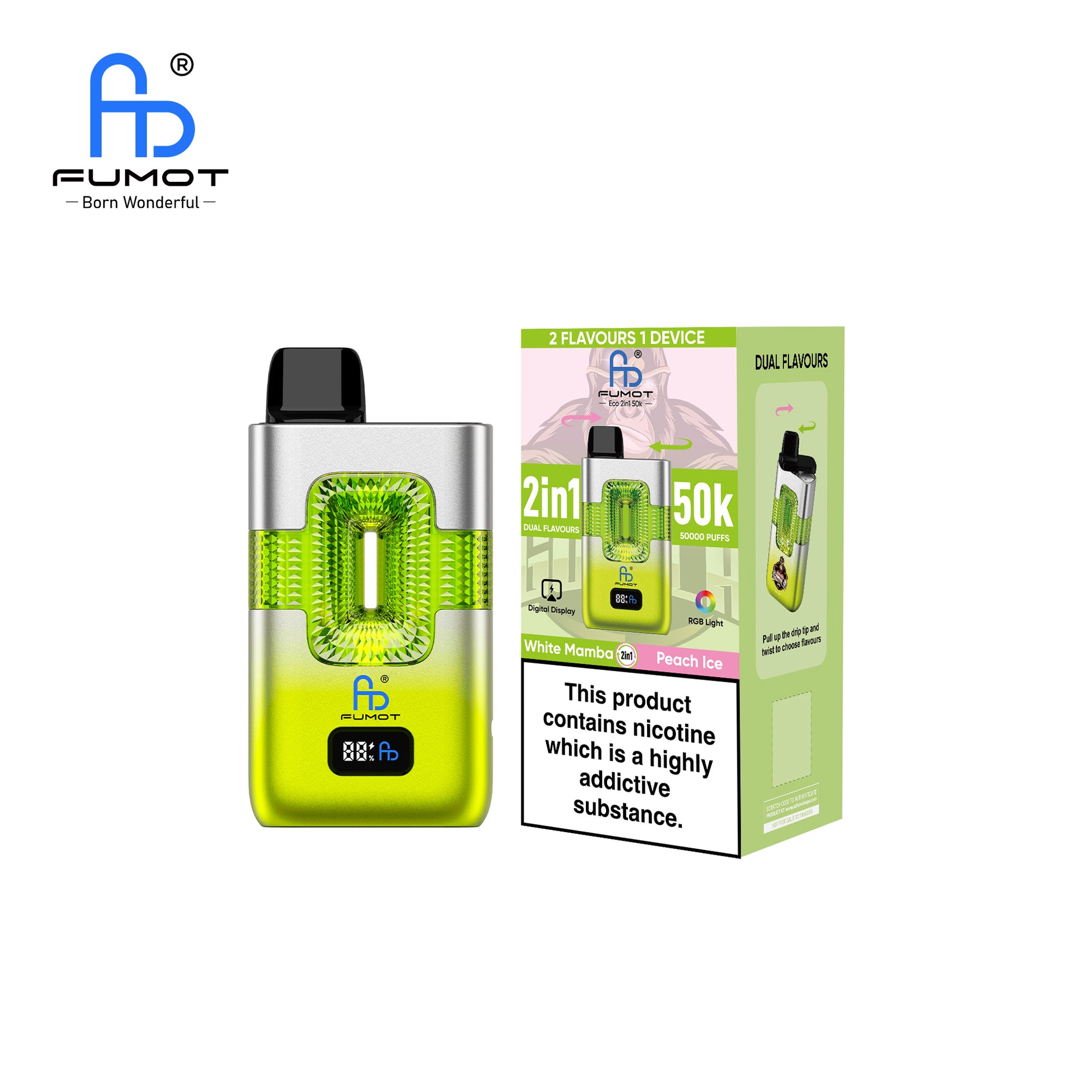 FUMOT ECO 2IN1 50K Puffs Peach Ice & White Mamba Randmtornadovape FUMOT ECO 2IN1 50K Puffs Peach Ice & White Mamba Randmtornadovape